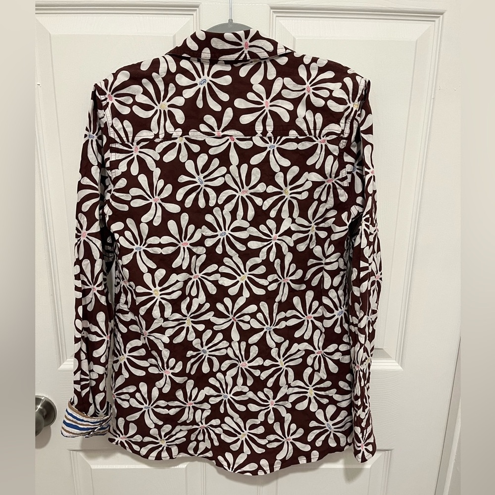 J. McLaughlin Floral Brown White Button Down Textured Shirt size S - Picture 3 of 13